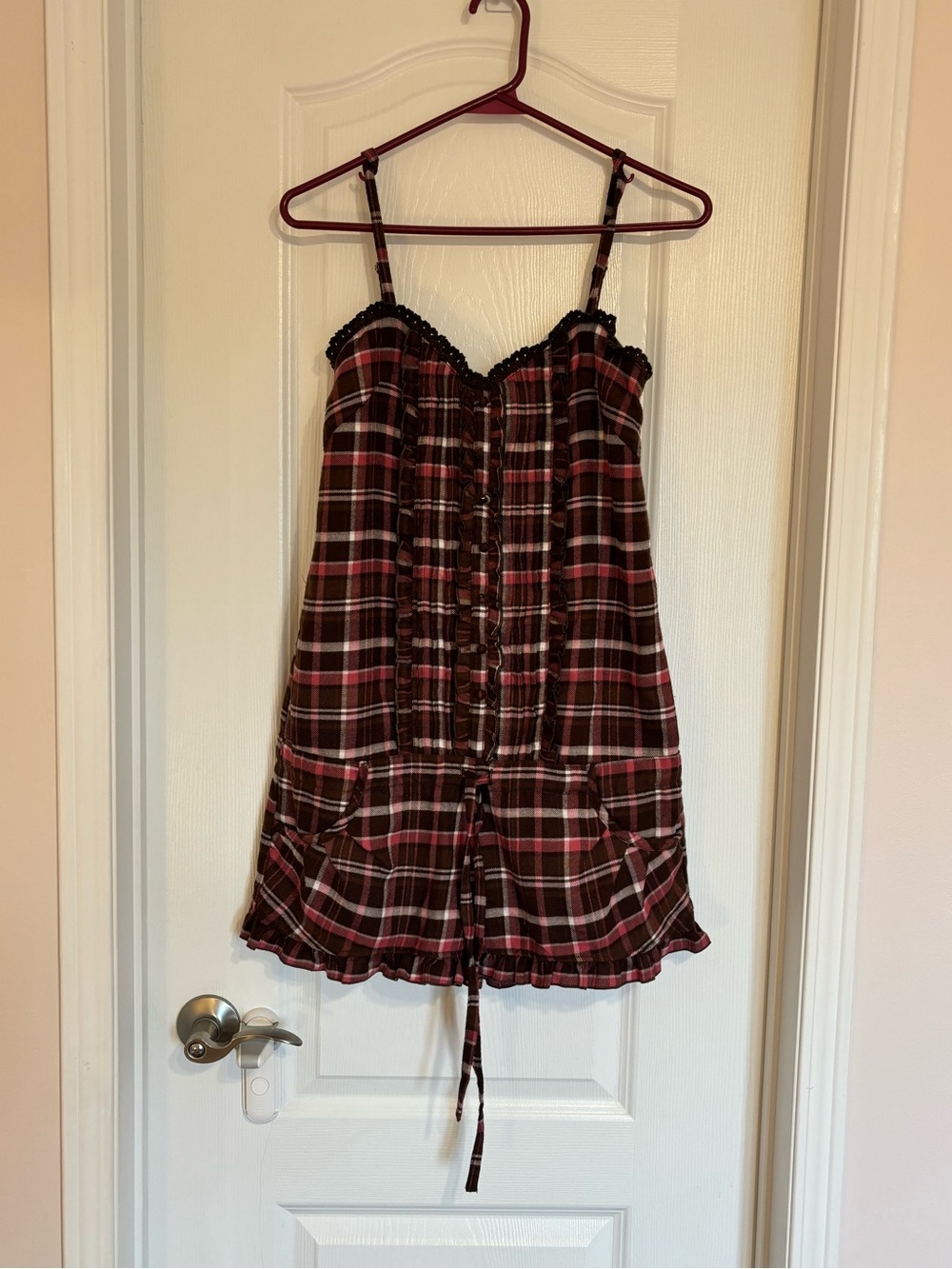 Liz Lisa Plaid Spaghetti-Strap Romper in Pink and Brown